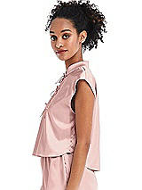 Side View Thumbnail - Rose - PANTONE Rose Quartz Satin Stand Collar Tie-Front Pullover Top - Remi