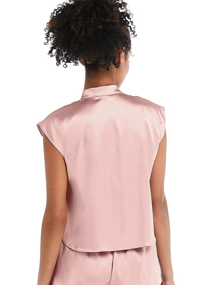 Back View - Rose - PANTONE Rose Quartz Satin Stand Collar Tie-Front Pullover Top - Remi