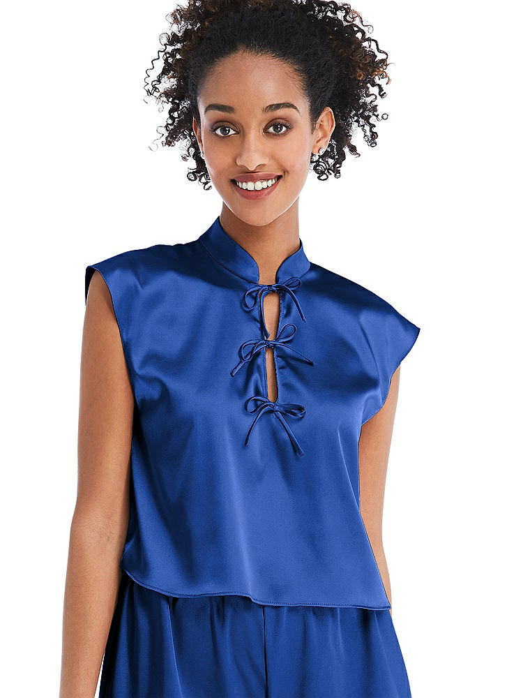 Front View - Sapphire Satin Stand Collar Tie-Front Pullover Top - Remi