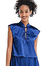 Front View Thumbnail - Sapphire Satin Stand Collar Tie-Front Pullover Top - Remi