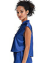 Side View Thumbnail - Sapphire Satin Stand Collar Tie-Front Pullover Top - Remi