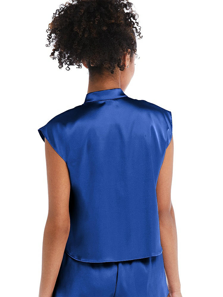 Back View - Sapphire Satin Stand Collar Tie-Front Pullover Top - Remi