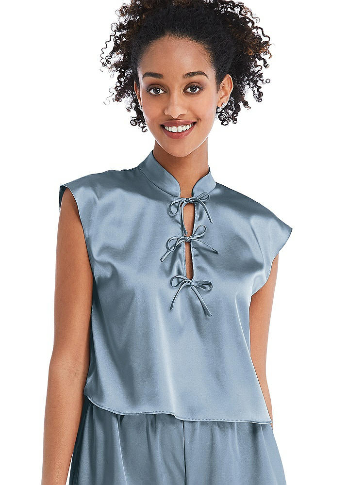 Front View - Slate Satin Stand Collar Tie-Front Pullover Top - Remi