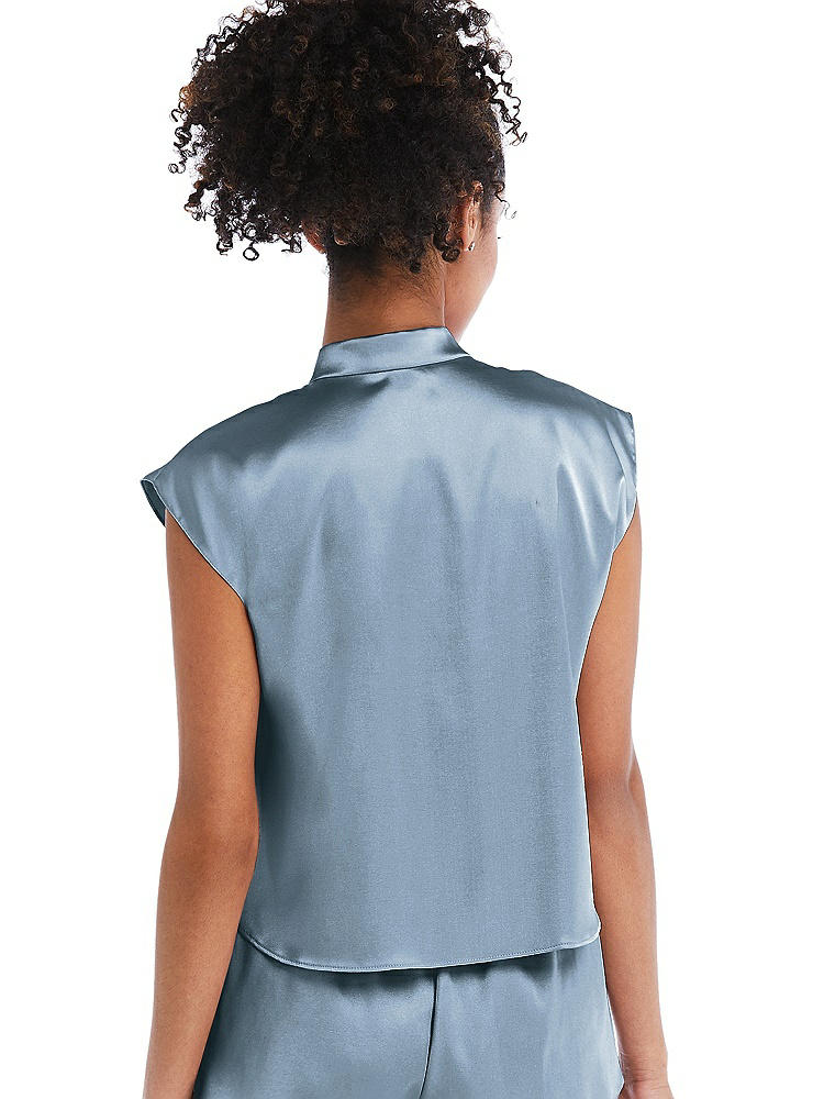 Back View - Slate Satin Stand Collar Tie-Front Pullover Top - Remi