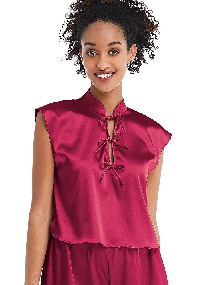 Front View - Valentine Satin Stand Collar Tie-Front Pullover Top - Remi