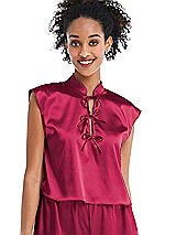 Front View Thumbnail - Valentine Satin Stand Collar Tie-Front Pullover Top - Remi