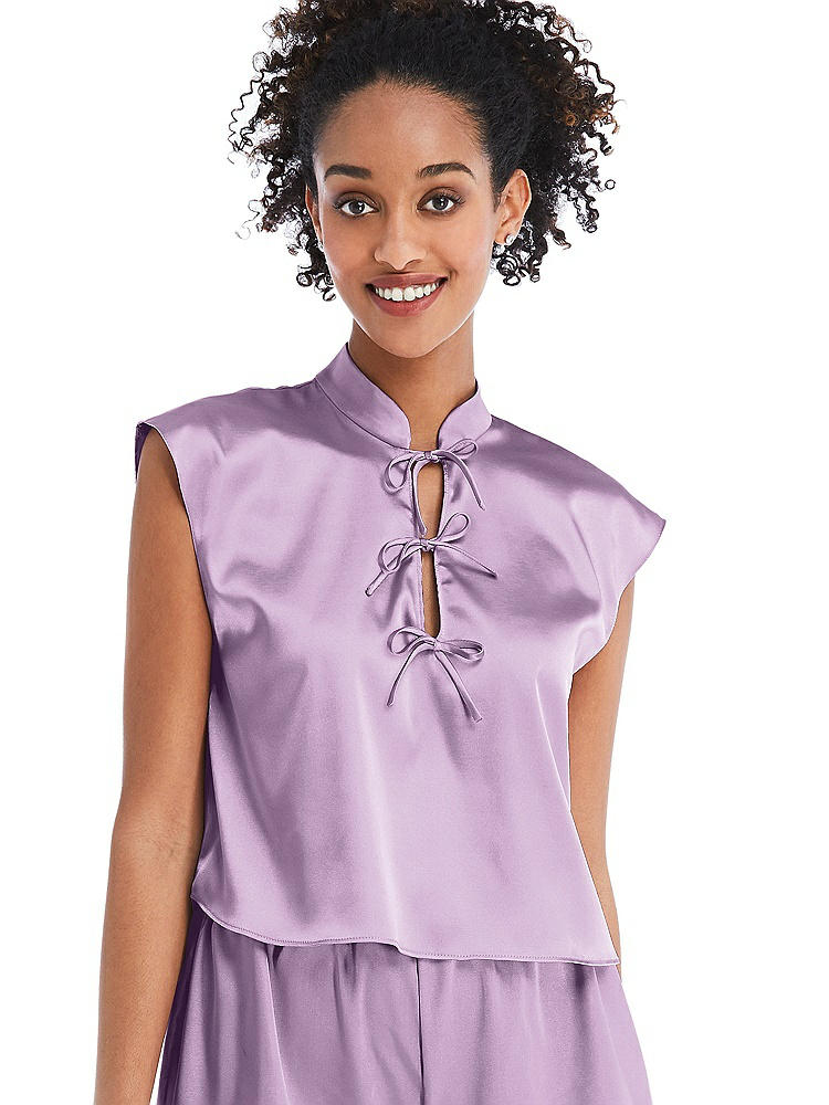 Front View - Wood Violet Satin Stand Collar Tie-Front Pullover Top - Remi
