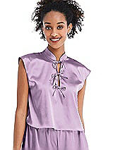 Front View Thumbnail - Wood Violet Satin Stand Collar Tie-Front Pullover Top - Remi