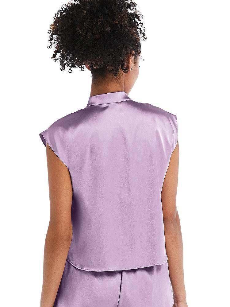 Back View - Wood Violet Satin Stand Collar Tie-Front Pullover Top - Remi