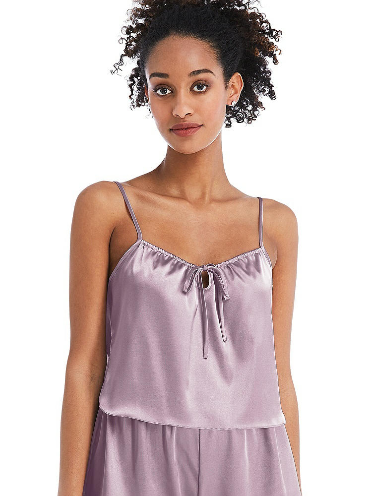Front View - Suede Rose Drawstring Neck Satin Cami with Bow Detail - Nyla