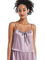 Front View Thumbnail - Suede Rose Drawstring Neck Satin Cami with Bow Detail - Nyla