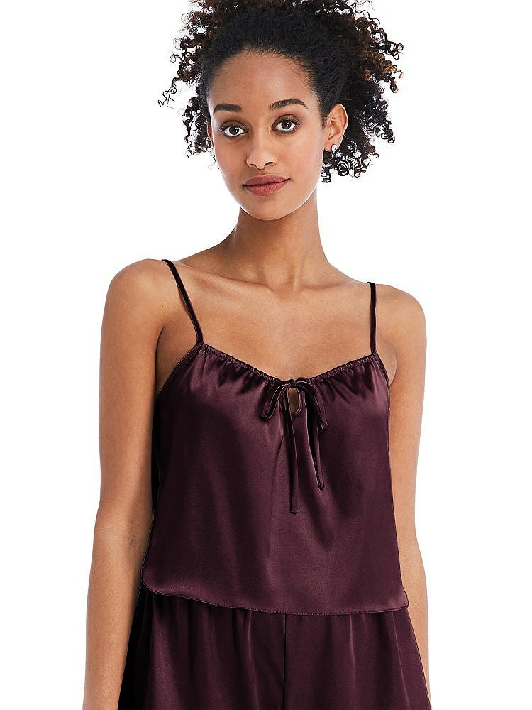 Front View - Bordeaux Drawstring Neck Satin Cami with Bow Detail - Nyla