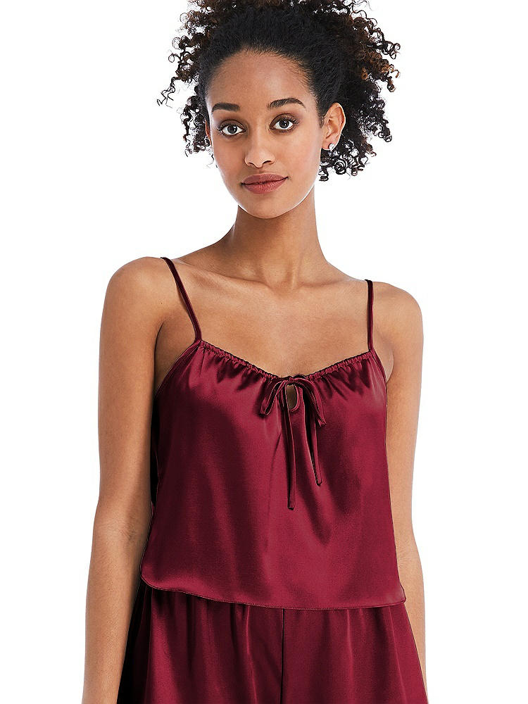 Front View - Burgundy Drawstring Neck Satin Cami with Bow Detail - Nyla