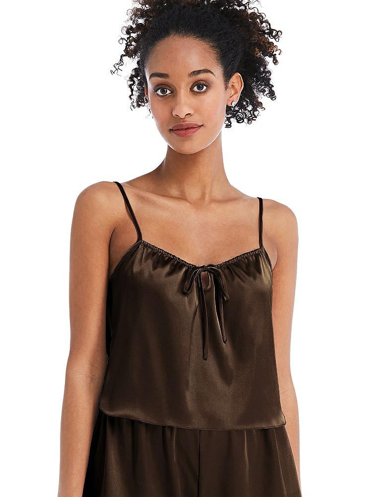 Front View - Espresso Drawstring Neck Satin Cami with Bow Detail - Nyla