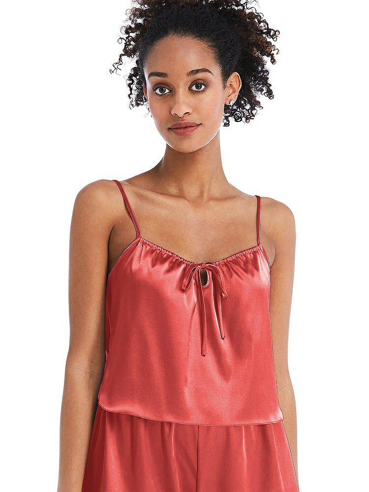 Front View - Perfect Coral Drawstring Neck Satin Cami with Bow Detail - Nyla