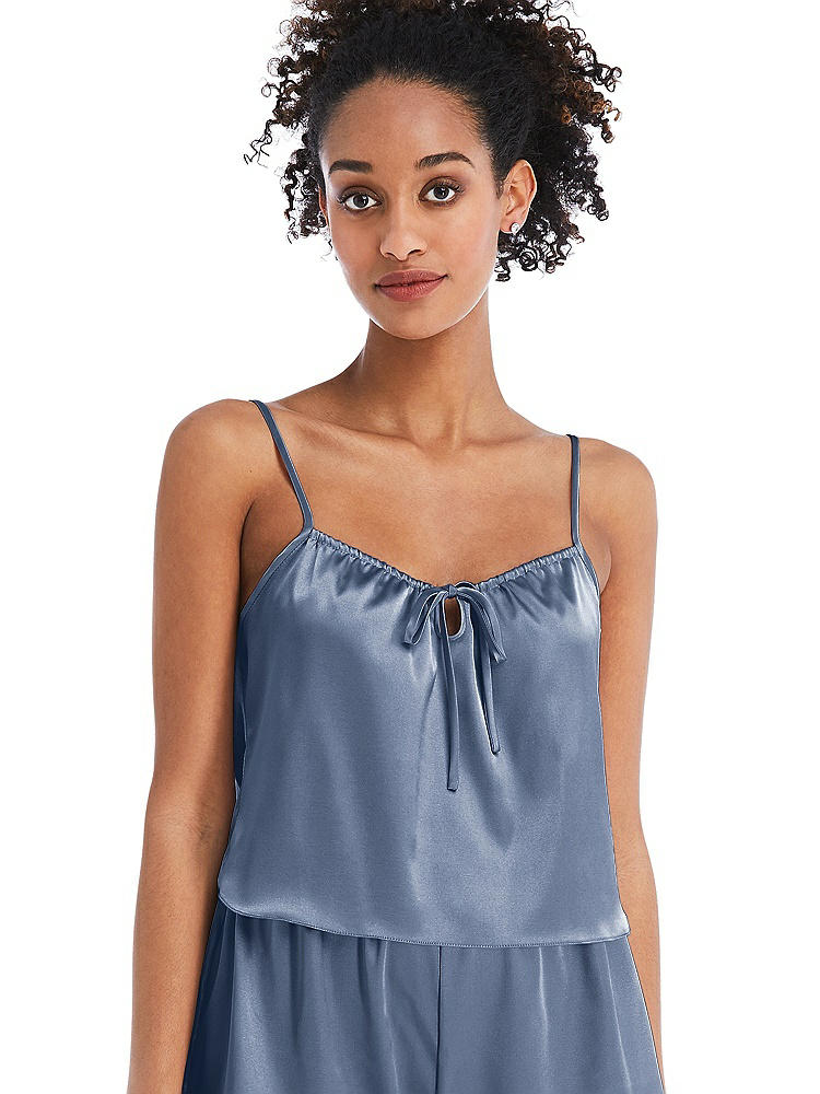 Front View - Larkspur Blue Drawstring Neck Satin Cami with Bow Detail - Nyla