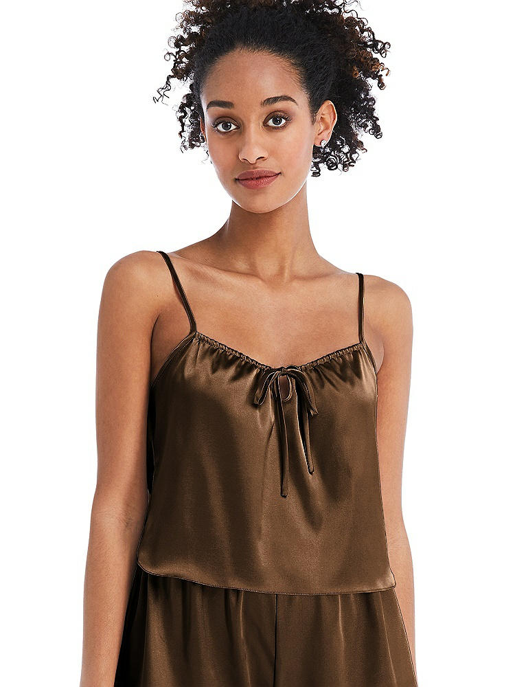 Front View - Latte Drawstring Neck Satin Cami with Bow Detail - Nyla