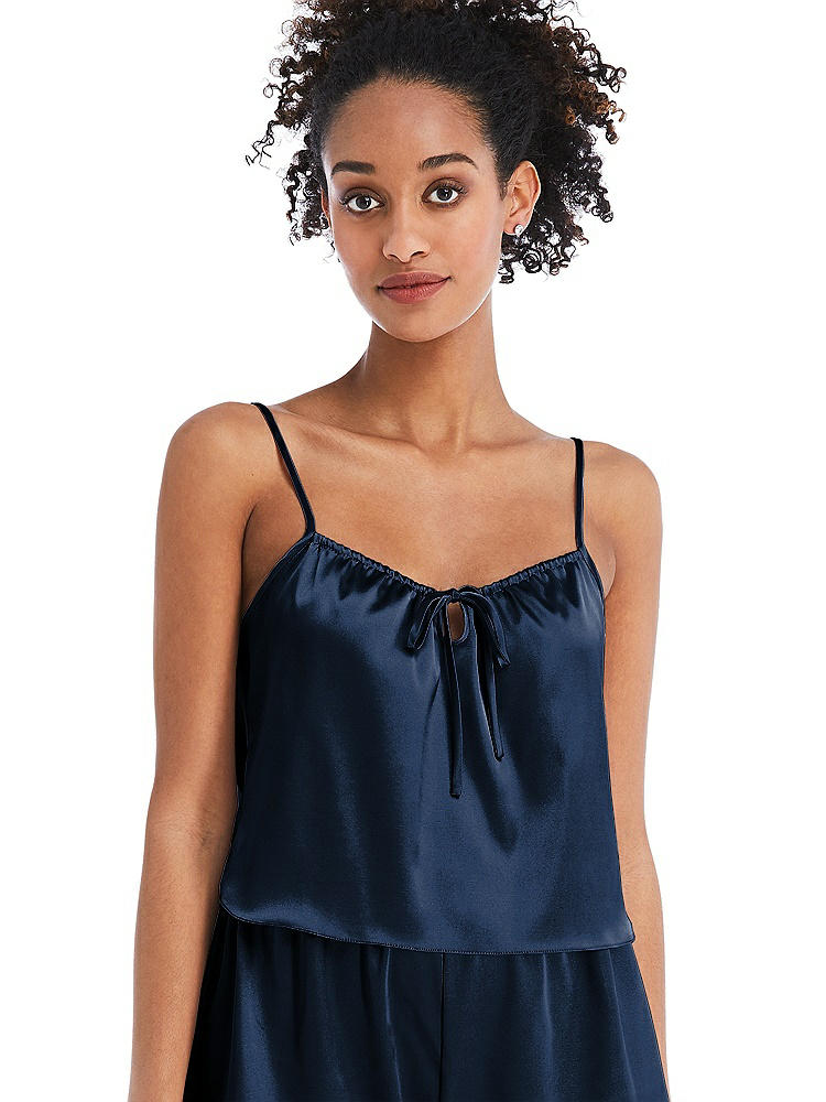 Front View - Midnight Navy Drawstring Neck Satin Cami with Bow Detail - Nyla