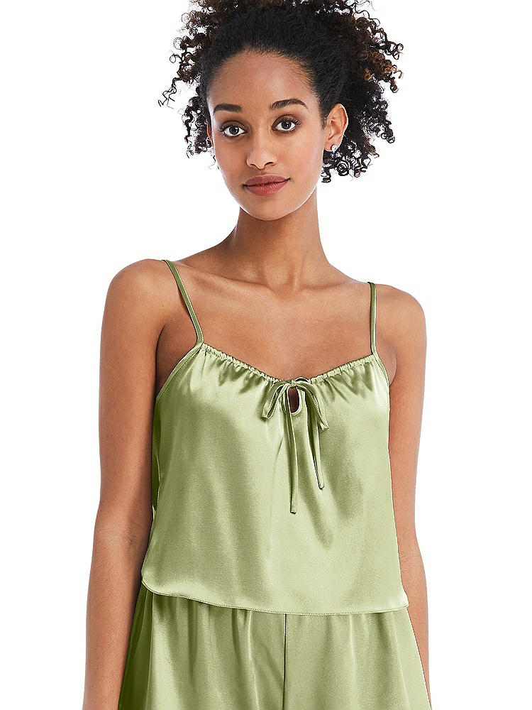Front View - Mint Drawstring Neck Satin Cami with Bow Detail - Nyla