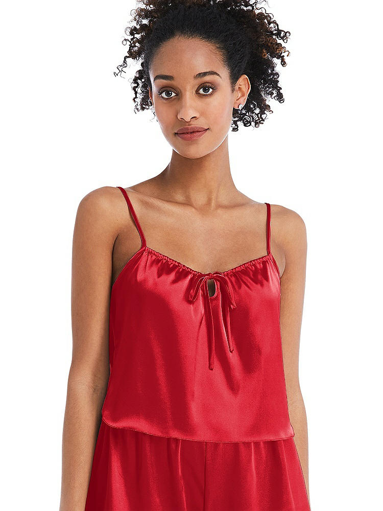 Front View - Parisian Red Drawstring Neck Satin Cami with Bow Detail - Nyla