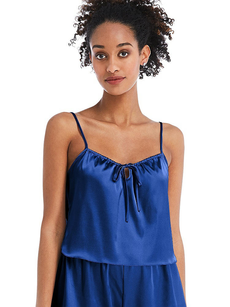 Front View - Sapphire Drawstring Neck Satin Cami with Bow Detail - Nyla
