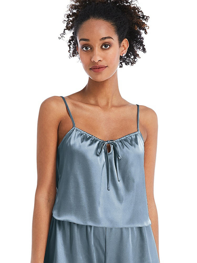 Front View - Slate Drawstring Neck Satin Cami with Bow Detail - Nyla
