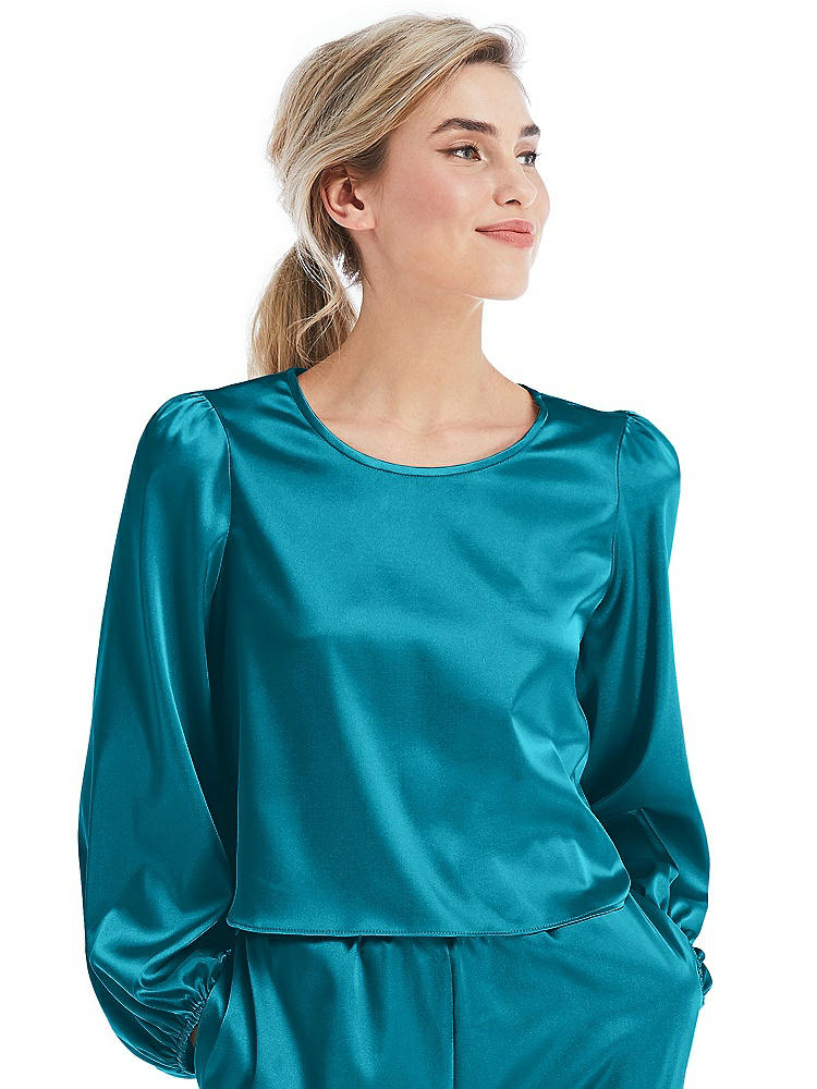 Front View - Oasis Satin Pullover Puff Sleeve Top - Parker