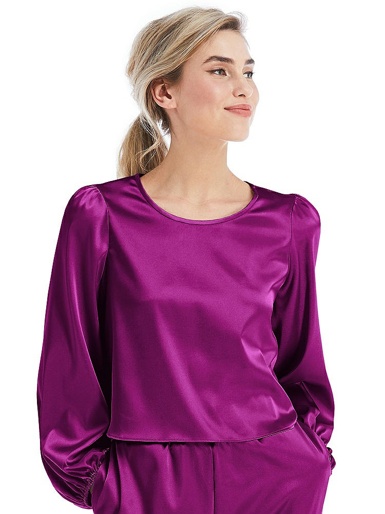 Front View - Persian Plum Satin Pullover Puff Sleeve Top - Parker
