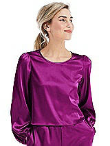 Front View Thumbnail - Persian Plum Satin Pullover Puff Sleeve Top - Parker