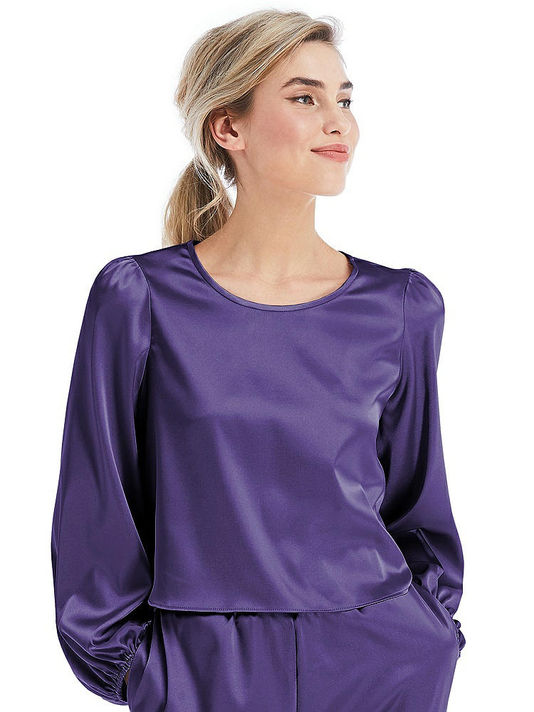 Front View - Regalia - PANTONE Ultra Violet Satin Pullover Puff Sleeve Top - Parker