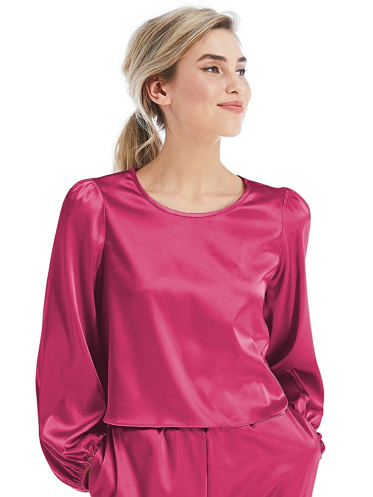 Front View - Shocking Satin Pullover Puff Sleeve Top - Parker