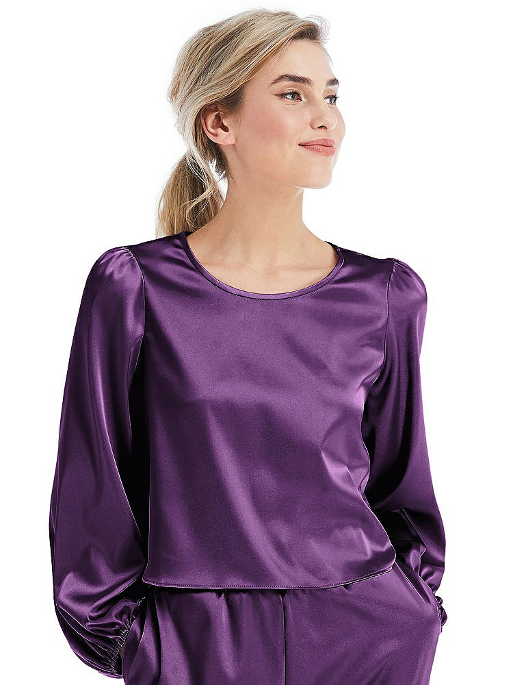 Front View - African Violet Satin Pullover Puff Sleeve Top - Parker