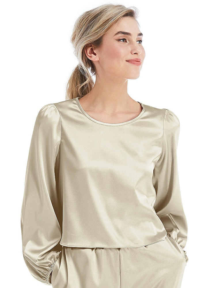 Front View - Champagne Satin Pullover Puff Sleeve Top - Parker