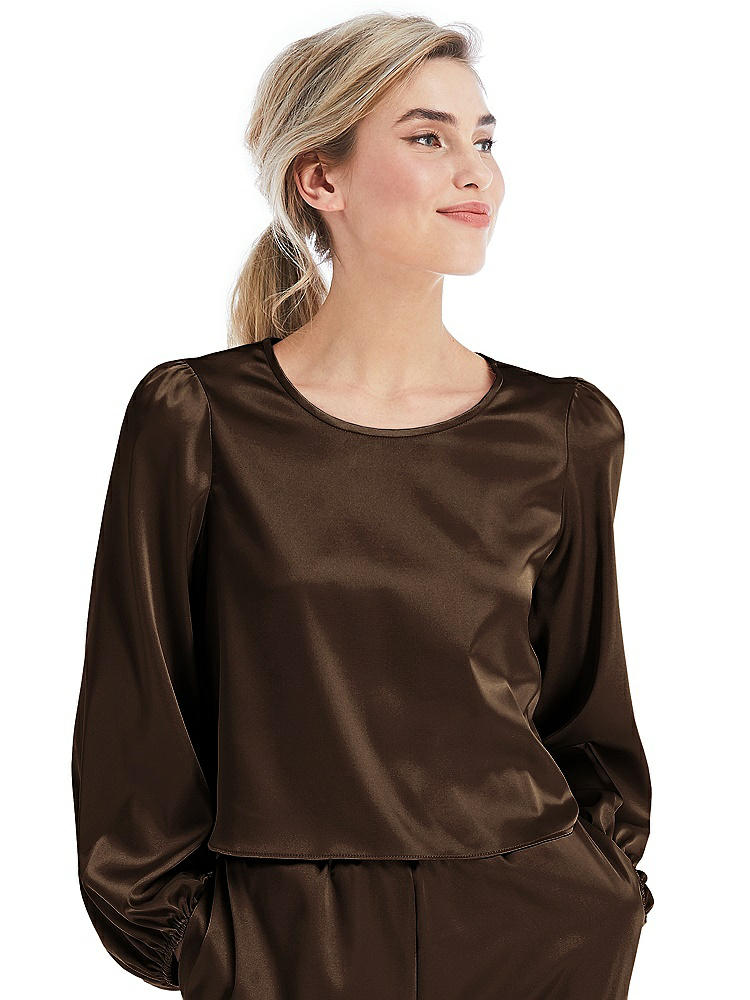 Front View - Espresso Satin Pullover Puff Sleeve Top - Parker