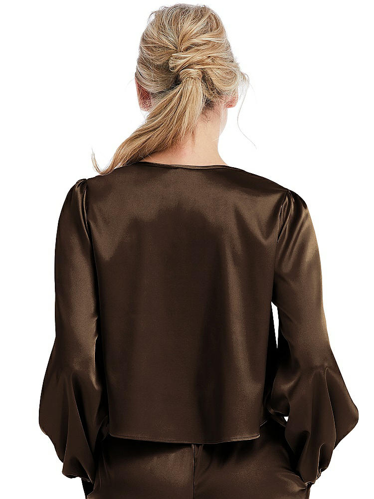 Back View - Espresso Satin Pullover Puff Sleeve Top - Parker