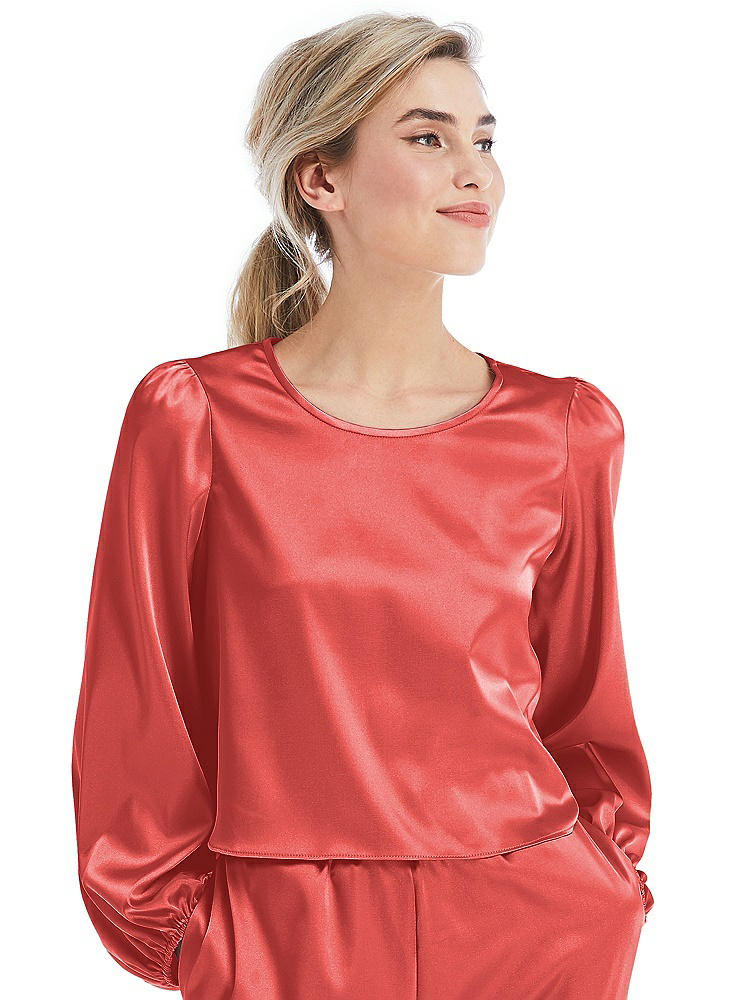 Front View - Perfect Coral Satin Pullover Puff Sleeve Top - Parker