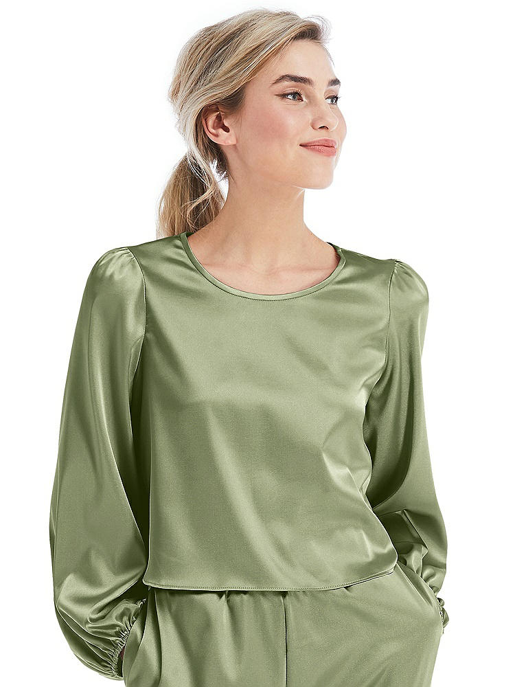 Front View - Kiwi Satin Pullover Puff Sleeve Top - Parker