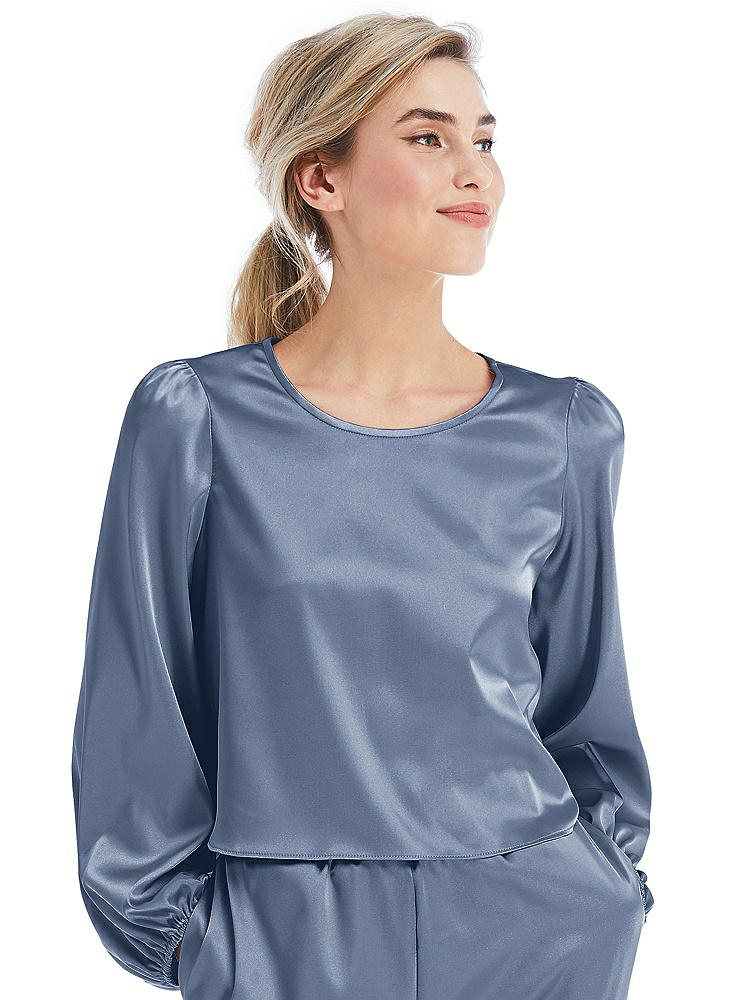 Front View - Larkspur Blue Satin Pullover Puff Sleeve Top - Parker