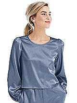 Front View Thumbnail - Larkspur Blue Satin Pullover Puff Sleeve Top - Parker