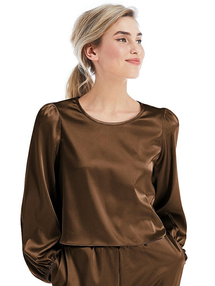 Front View - Latte Satin Pullover Puff Sleeve Top - Parker