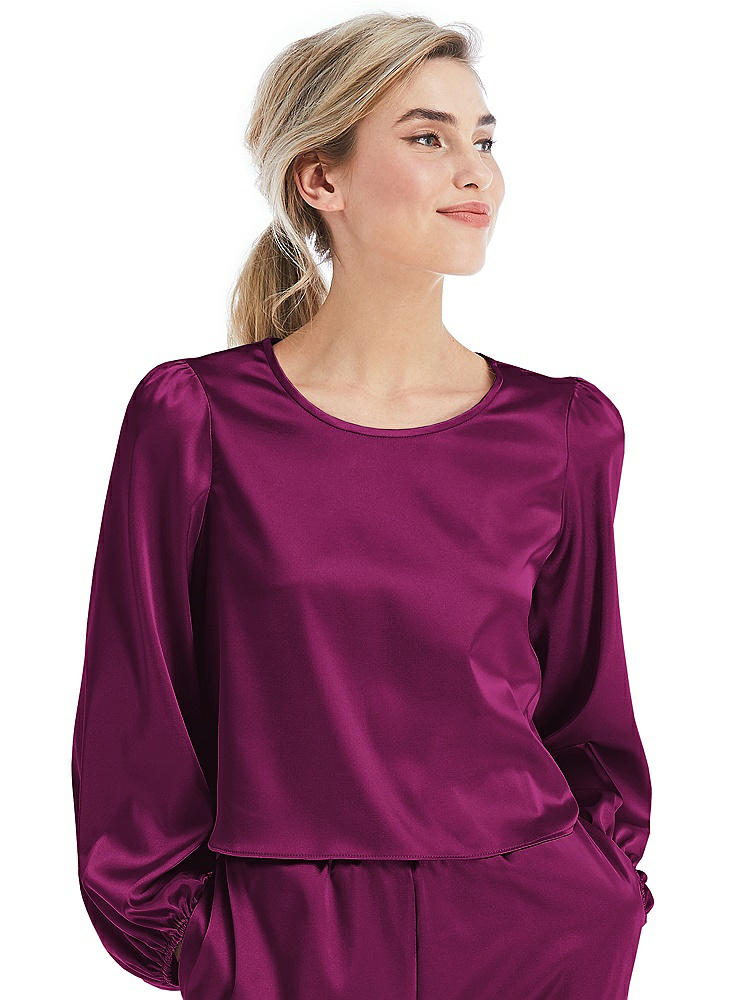 Front View - Merlot Satin Pullover Puff Sleeve Top - Parker