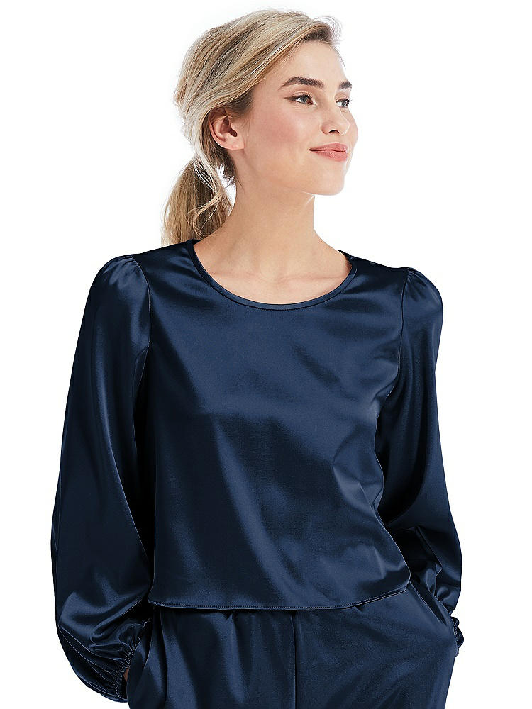 Front View - Midnight Navy Satin Pullover Puff Sleeve Top - Parker