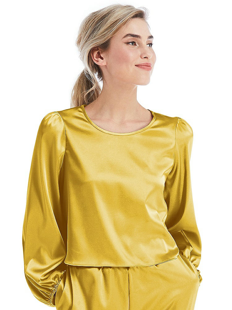 Front View - Marigold Satin Pullover Puff Sleeve Top - Parker