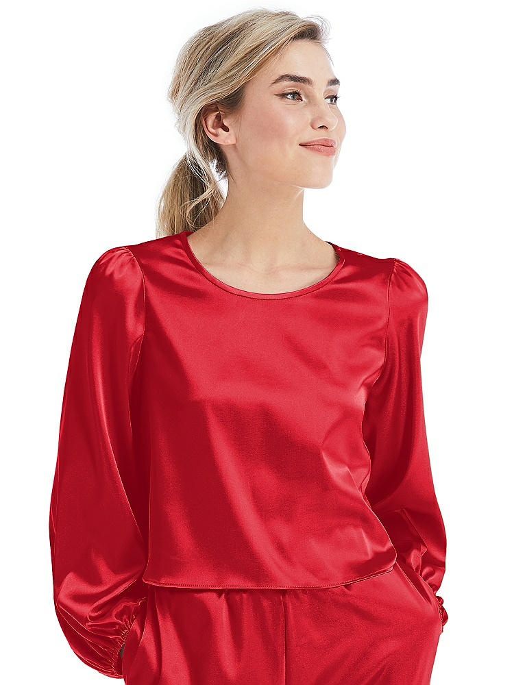 Front View - Parisian Red Satin Pullover Puff Sleeve Top - Parker