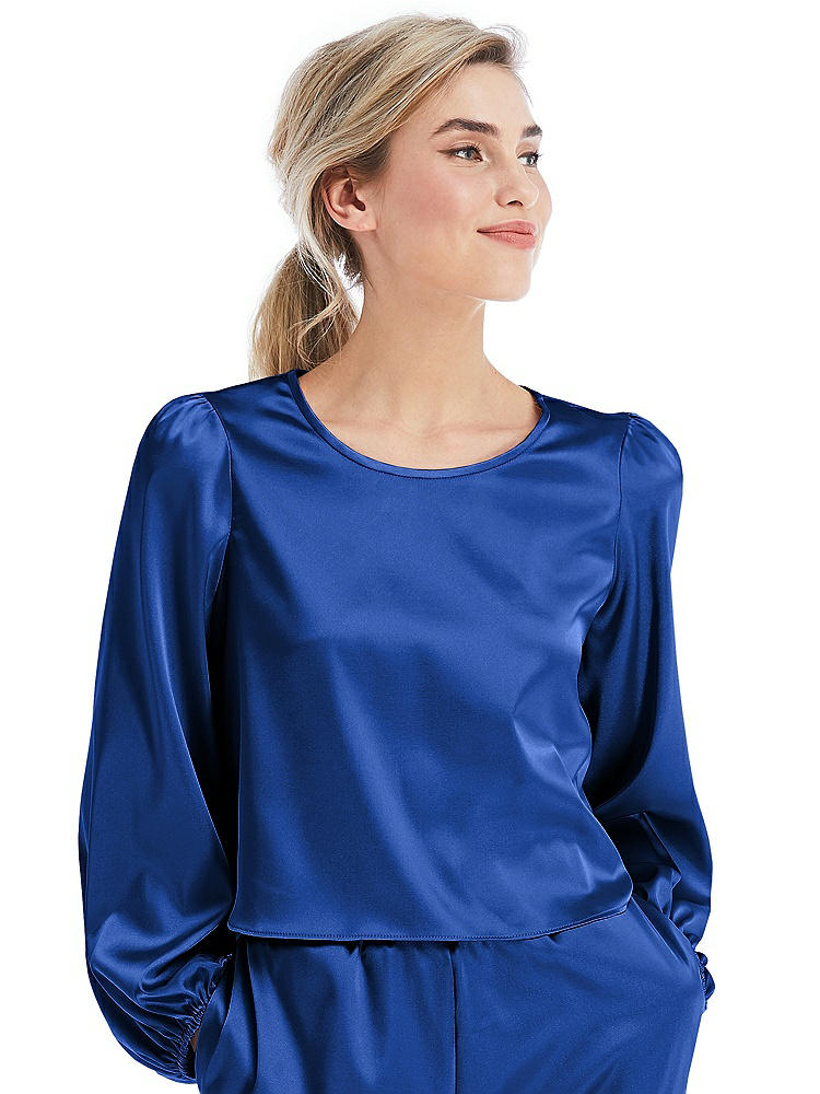 Front View - Sapphire Satin Pullover Puff Sleeve Top - Parker