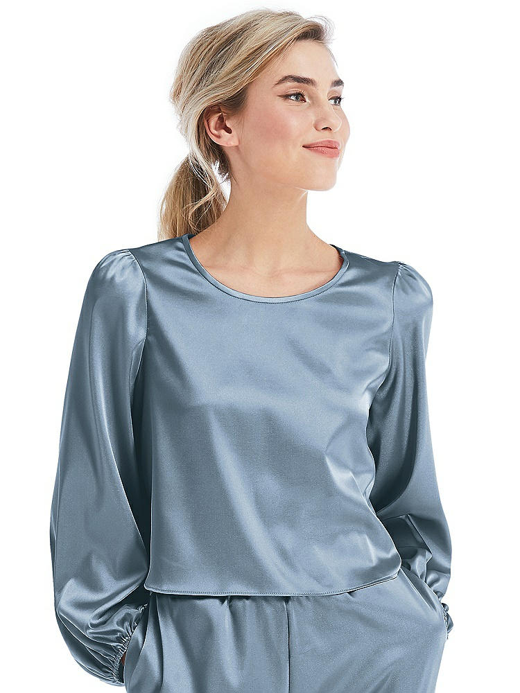 Front View - Slate Satin Pullover Puff Sleeve Top - Parker