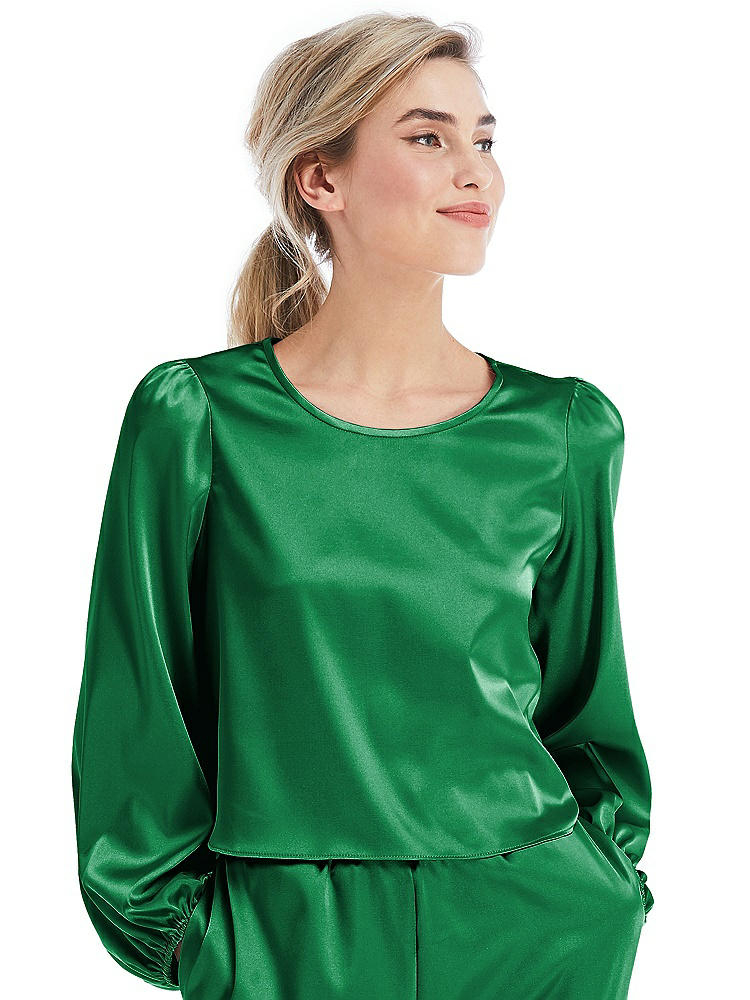 Front View - Shamrock Satin Pullover Puff Sleeve Top - Parker