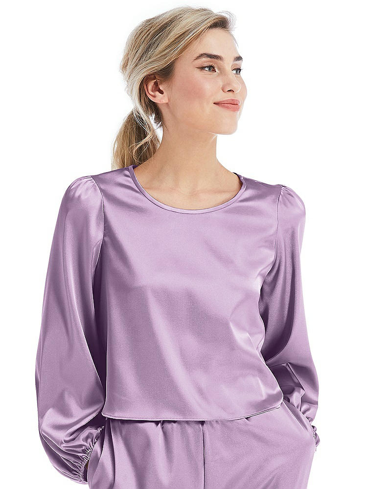 Front View - Wood Violet Satin Pullover Puff Sleeve Top - Parker
