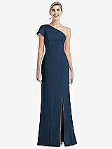 Front View Thumbnail - Sofia Blue One-Shoulder Cap Sleeve Trumpet Gown with Front Slit