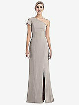 Front View Thumbnail - Taupe One-Shoulder Cap Sleeve Trumpet Gown with Front Slit